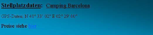 Textfeld: Stellplatzdaten:  Camping Barcelona GPS-Daten: N 41 33 02'' E 02 29' 00 Preise siehe hier